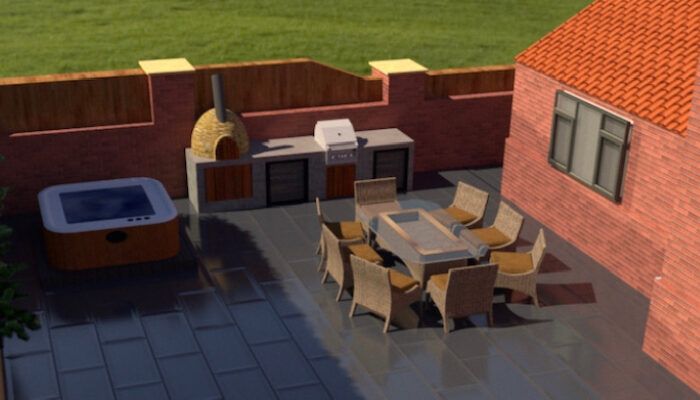 3D design render of a patio with a hot tub, outdoor kitchen and dining set