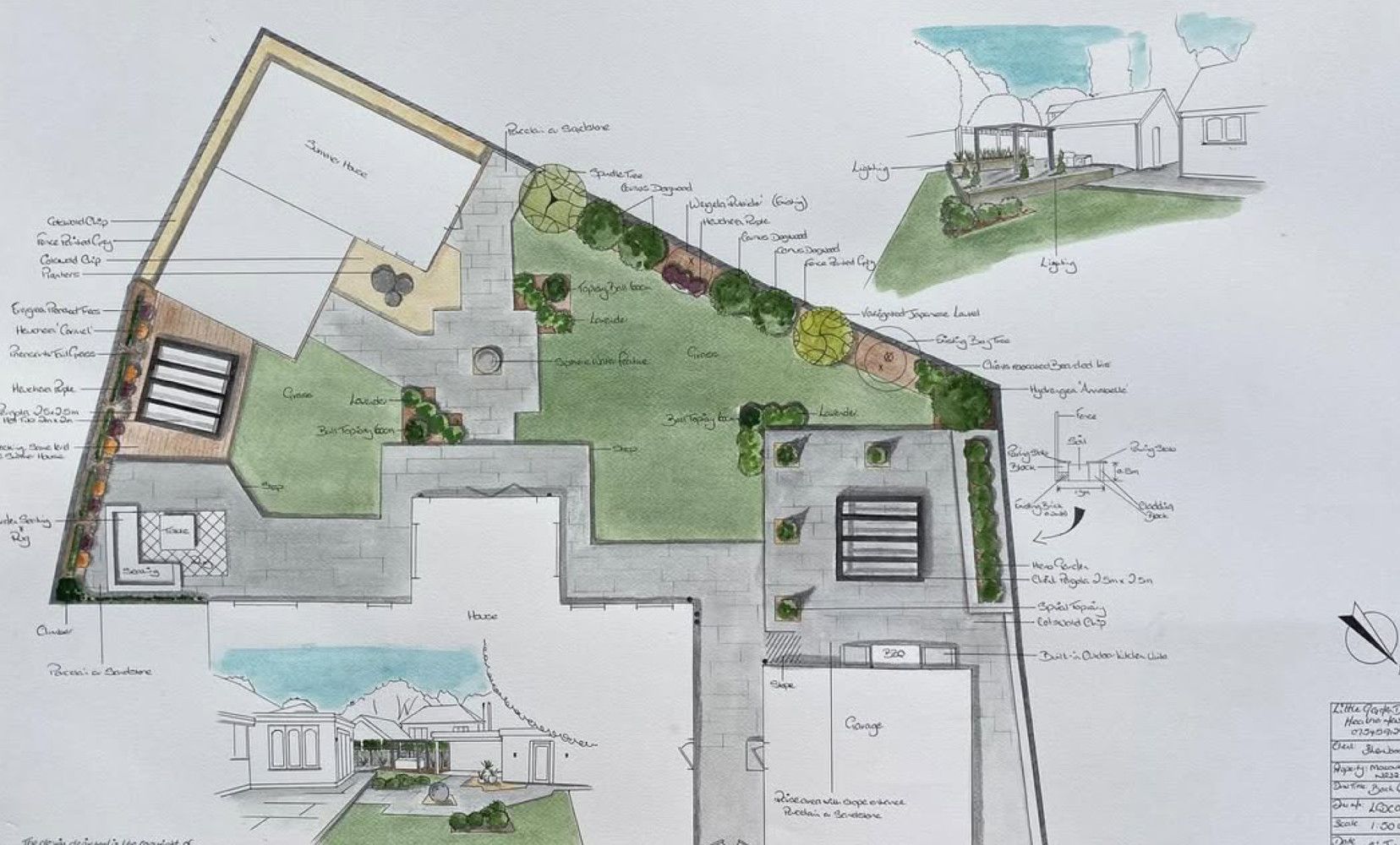 Coloured garden design drawing with patios, lawn and planting areas