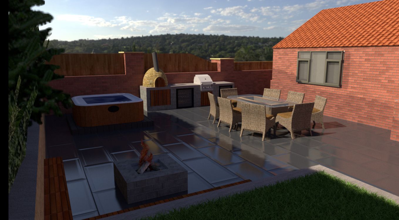 3D design render of a patio with a fire pit, hot tub and dining area