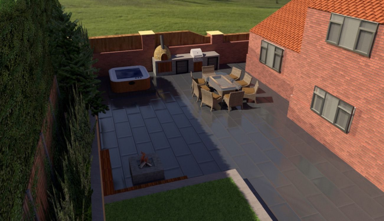 3D render of a planned patio with outdoor kitchen and dining set
