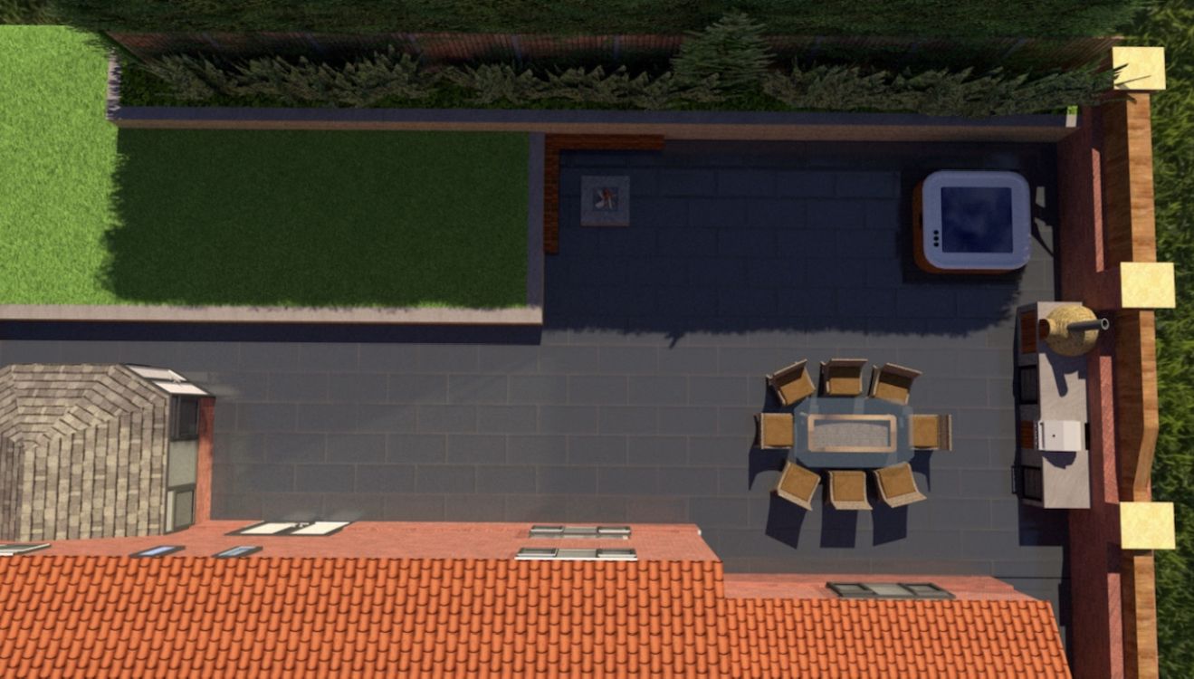 Top-down 3D render of a garden design with dining area and hot tub