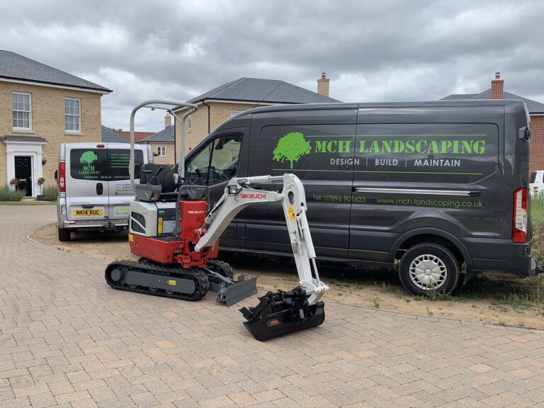MCH Landscaping van and mini digger parked on a block paved driveway